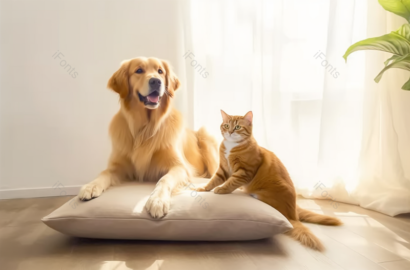 温馨猫和狗靠在枕头坐在木地板上,高清,摄影图,摄影图片,图片大全,摄影图免费下载